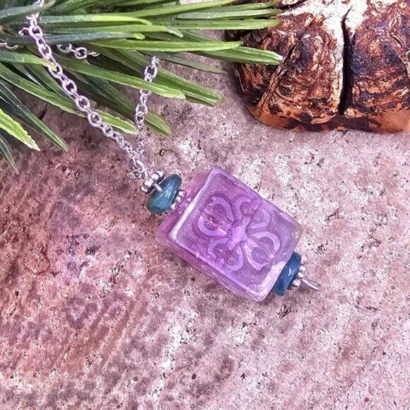Nature Fluorite Carved Fret Symbols Cube Pendant Necklace - Picture 4 of 10